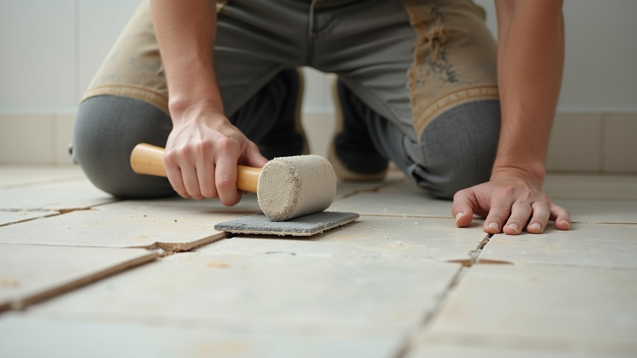 Carreleur professionnel en train de poser du carrelage